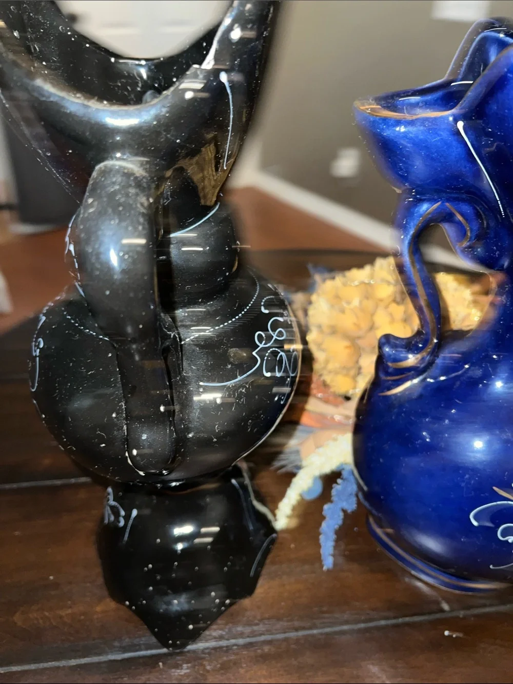 Pair of Decorative Ceramic Vases - Black and Blue Floral Accents